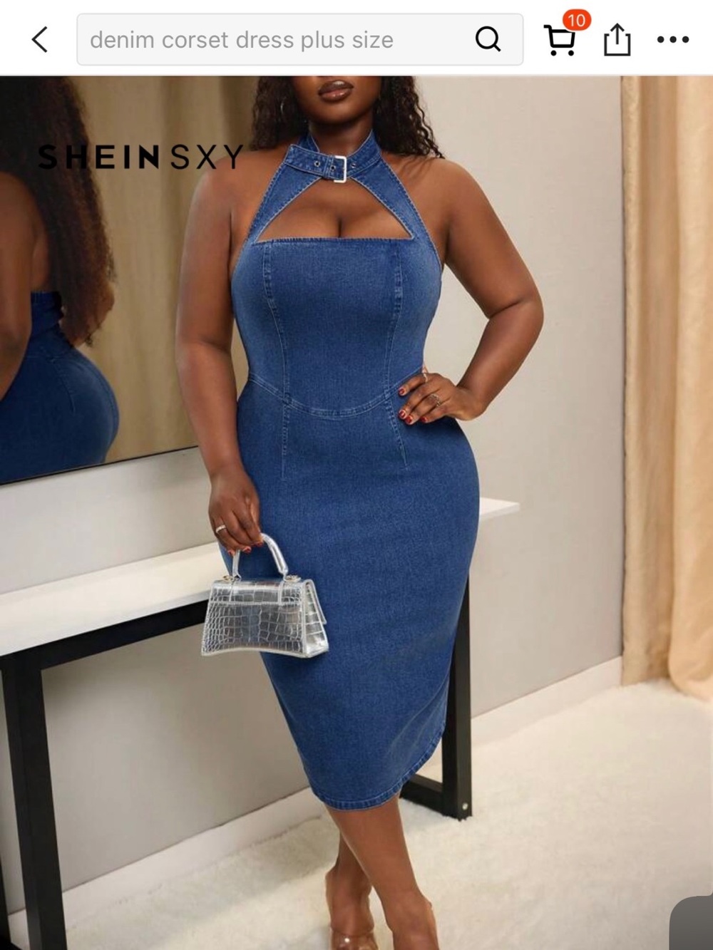 SHEIN Blue Denim Halter Corset Midi Dress with Buckle Neck